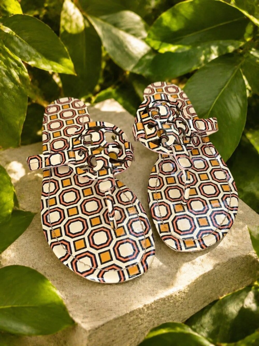 Tory Burch Miller Octagon Printed Patent Leather Sandals Ballet Pink